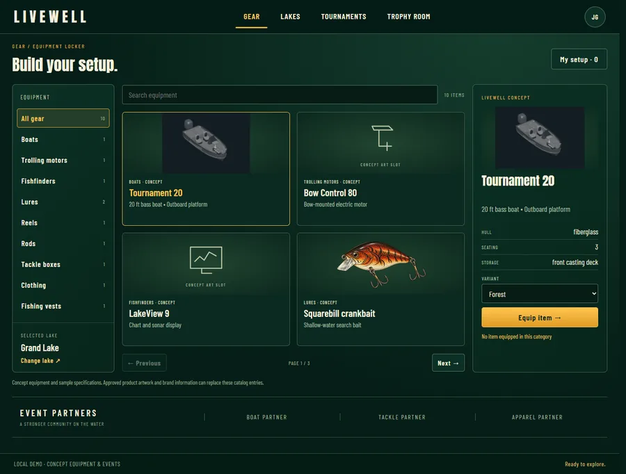 The equipment locker, showing boats, motors and lures.