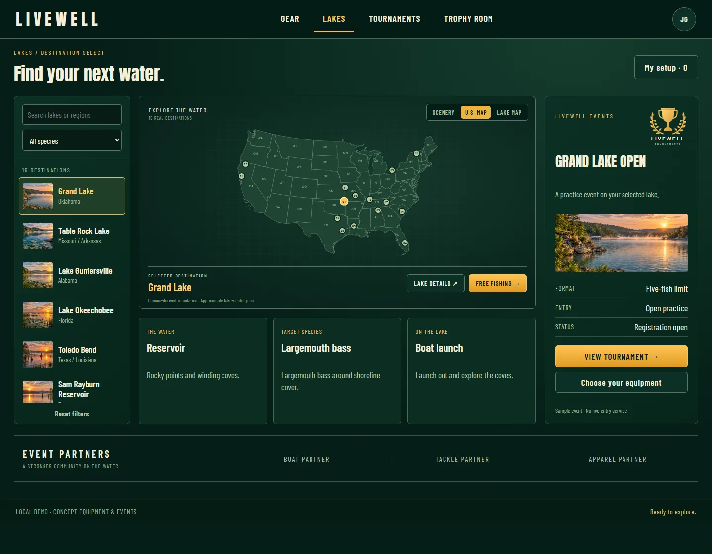The destination select screen, showing a lake list, a map of the United States and an event panel.