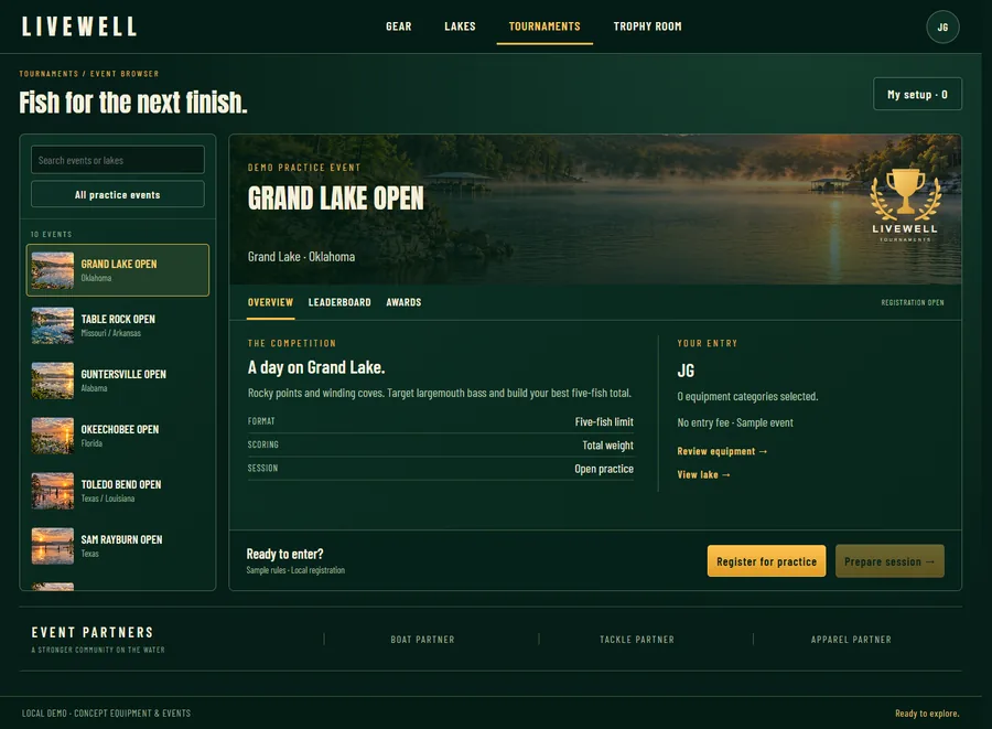 The tournament browser, listing events with an overview panel.